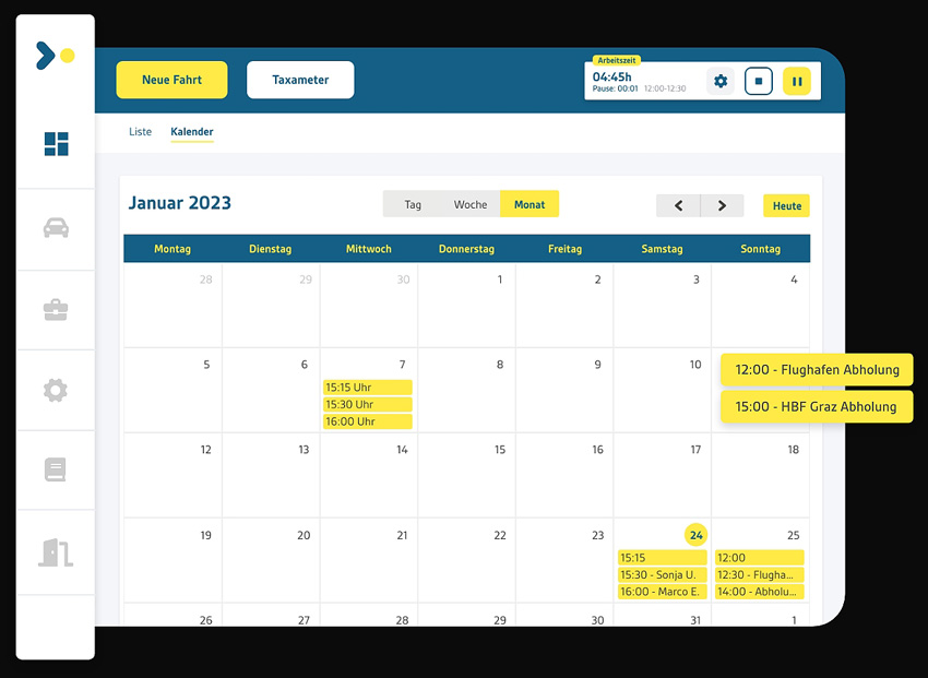 Ansicht der avenus Softwarelösung zeigt den ansprechend designten Kalender mit den Fahrtaufträgen