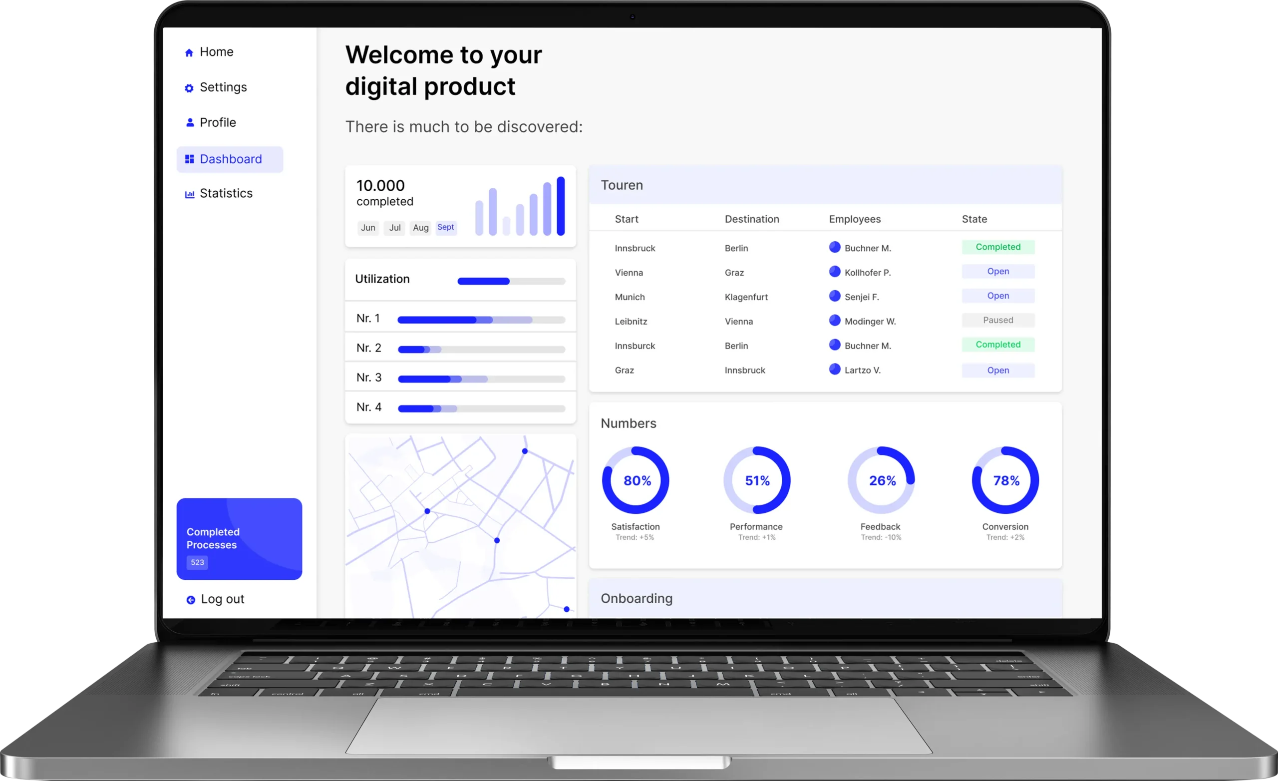 A MacBook displays the dashboard of a custom software solution for visualizing SYON's offerings.